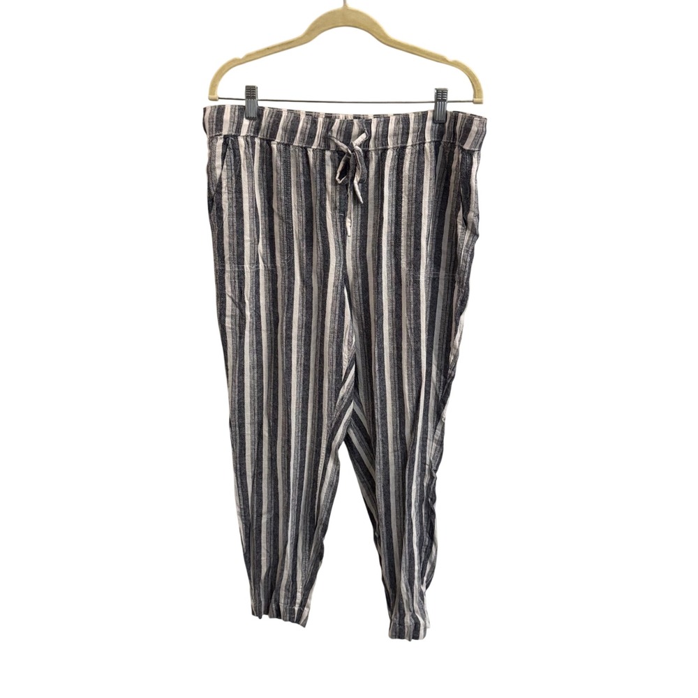 Per Se Women Navy Blue White Striped Linen Blend Jogger Pants Large
